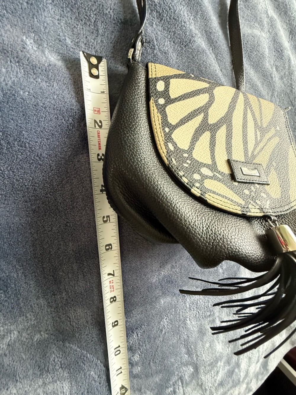 Leather Crossbody Bag with Butterfly Print Black & Cream by Pineda Covalin - Picture 11 of 13